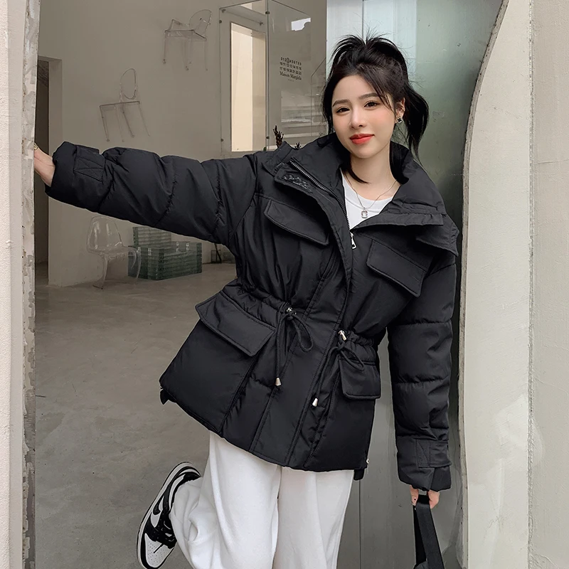 Winter Cotton Padded Down Parkas Womens Casacos De Inverno Feminino 2022 Safari Style Drawstring Pocket Warm Hooded Jacket Coats