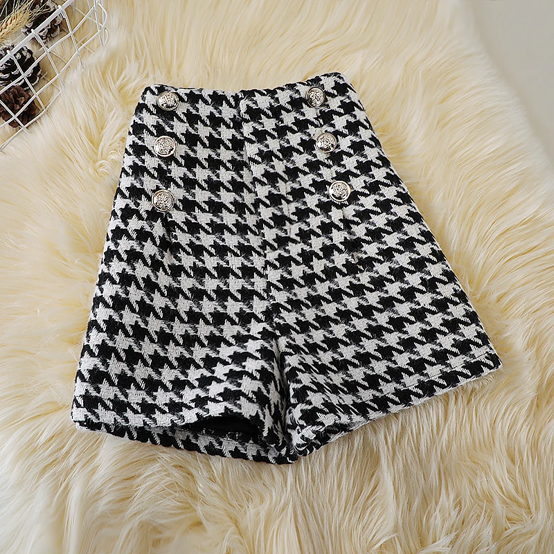 Thick Autumn Winter Houndstooth Woolen Wide Leg Shorts Women Retro High Waist Small Fragrance Double Breasted