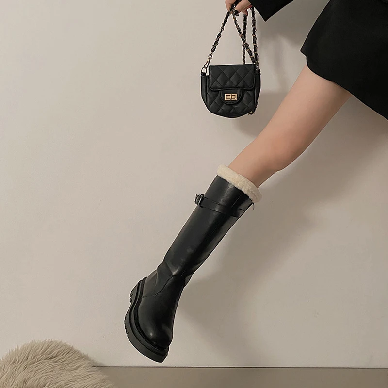 2023 Winter New Women Knight Boots Female Pu Fashion Platform Plush Knee High Boots Ladies Soild Buckle Straps Keep Warm Shoes