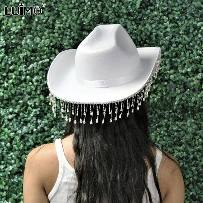 

Western Cowboy Hat Rhinestone Fashion Adjustable Drawstring Tassel Cowgirl Hat Solid Color Wide Brim Party Jazz Topper