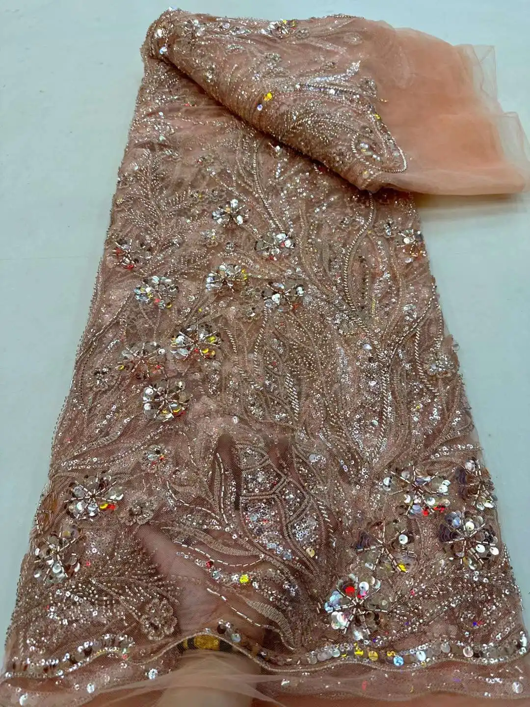 

African Sequin Beads Mesh Craft Fabric Accessories Nigerian Free Shipping Luxury Party Wedding Dress 5 Yard Trimming Wholesale