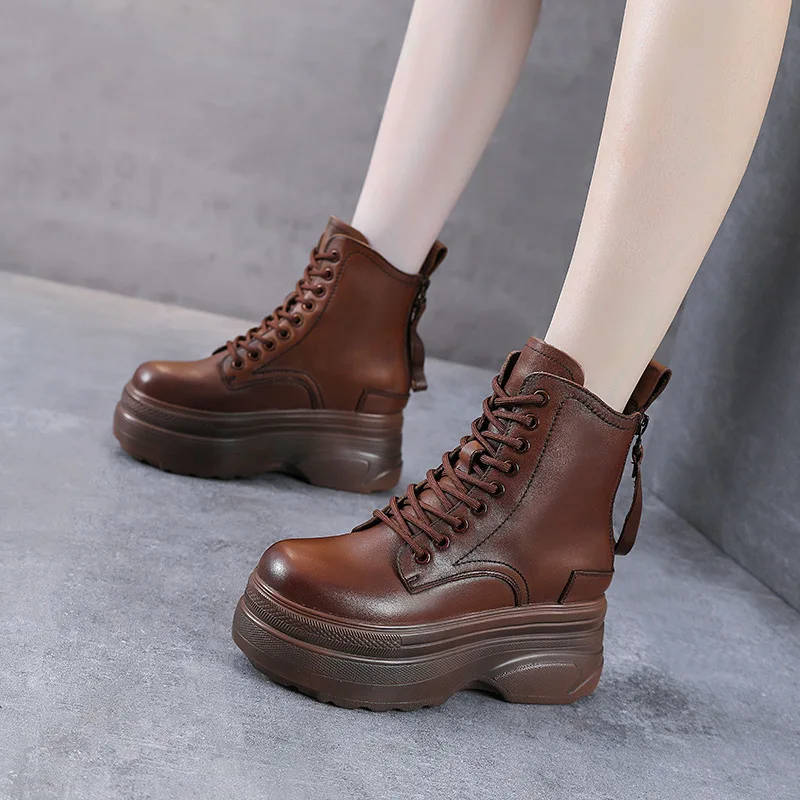 2023 autumn and winter new leather thick soled waterproof platform ankle boots heightening heels Martin boots back zipper