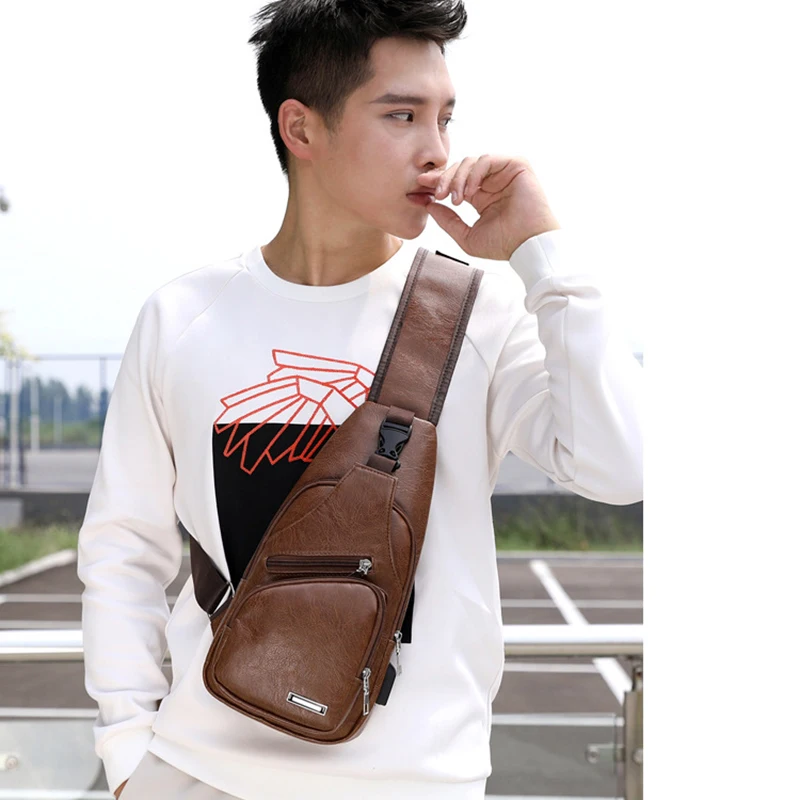 Men's USB Chest Bag Designer Men Messenger Crossbody Package PU Leather Shoulder Bags Package Travel Chest Bag