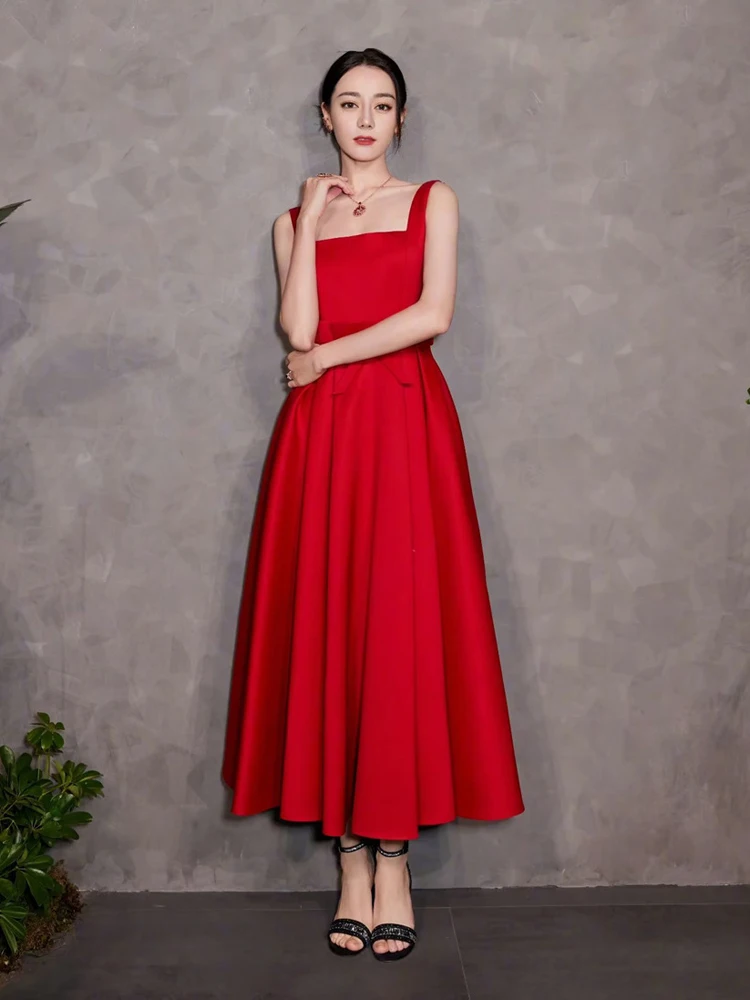 Summer Sleeveless Red Midi Party Dresses for Women 2023 Elegant Bow Square Collar Tank Vestido Female Formal Occasion Robe