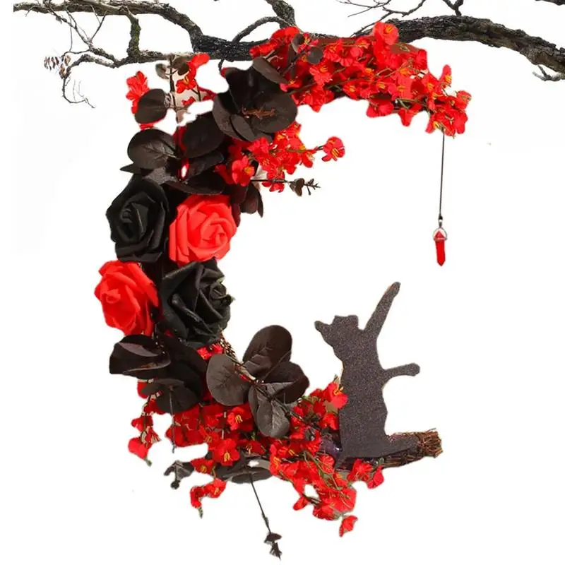 

Венок кошки на Хэллоуин, декор для входной двери на Хэллоуин, искусственные розы, венки с черной искусственной розой, темный готический стиль, урожай