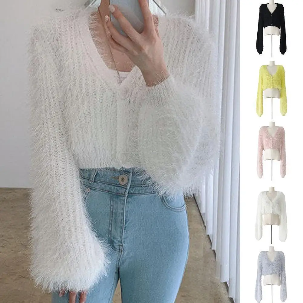 

Korean Autumn Sweet Sexy V Neck Mohair Pink Knitted Cardigan Elegant Temperament Sweater Crop Sleeve All-match Long W2J6