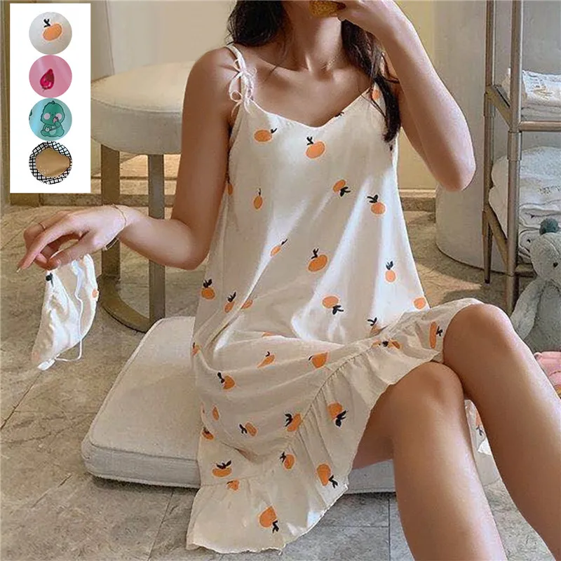 

2023 New Young Girls Cotton Nightgown Sexy Spaghetti Strap Night Dress Lady V-Neck Nighties Sleeveless Sleepwear Nightwear