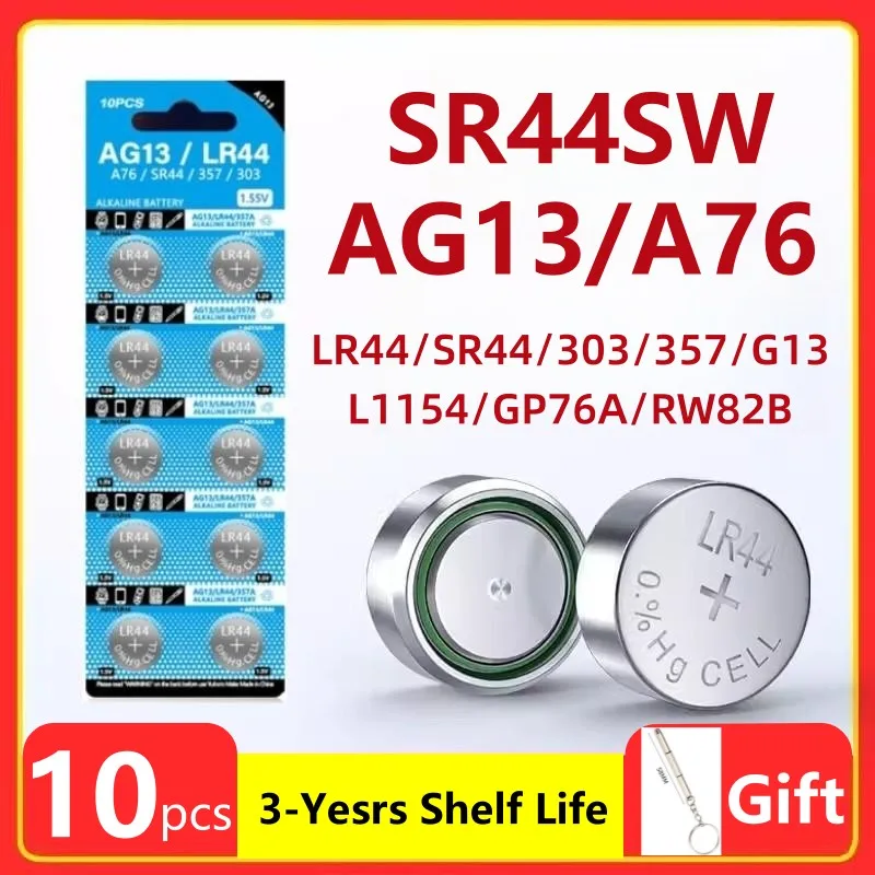 

Кнопочные батарейки AG13 LR44 A76 1,55 в, 10 шт., батарейки для часов и игрушек с дистанционным управлением L1154 SP76 pila SR44 LR1154 357 303, батарейки для монет, щелочные батарейки