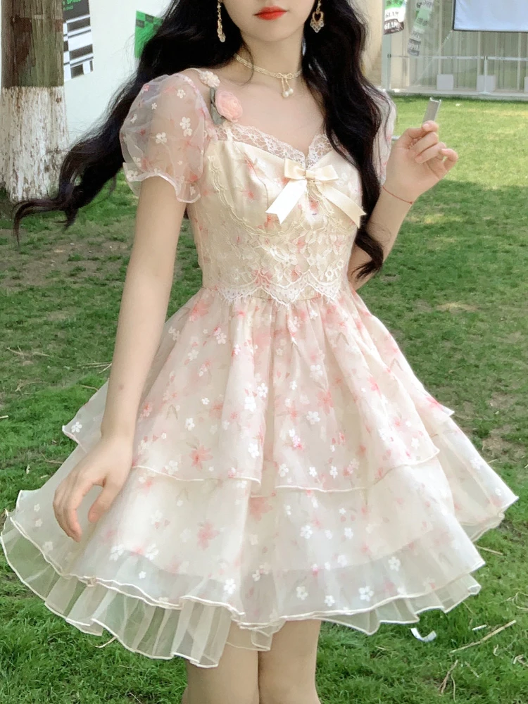 

French Vintage Mini Dress Women Kawaii Clothing Lolita Dress Even Party Female 2022 Summer Short Sleeve Fairy Floral Dress Chic