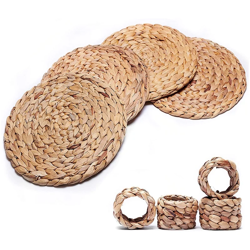 

Woven Placemats - Natural Water Hyacinth Seagrass Woven Placemats, Round and Thick - Set of Matching Napkin Rings