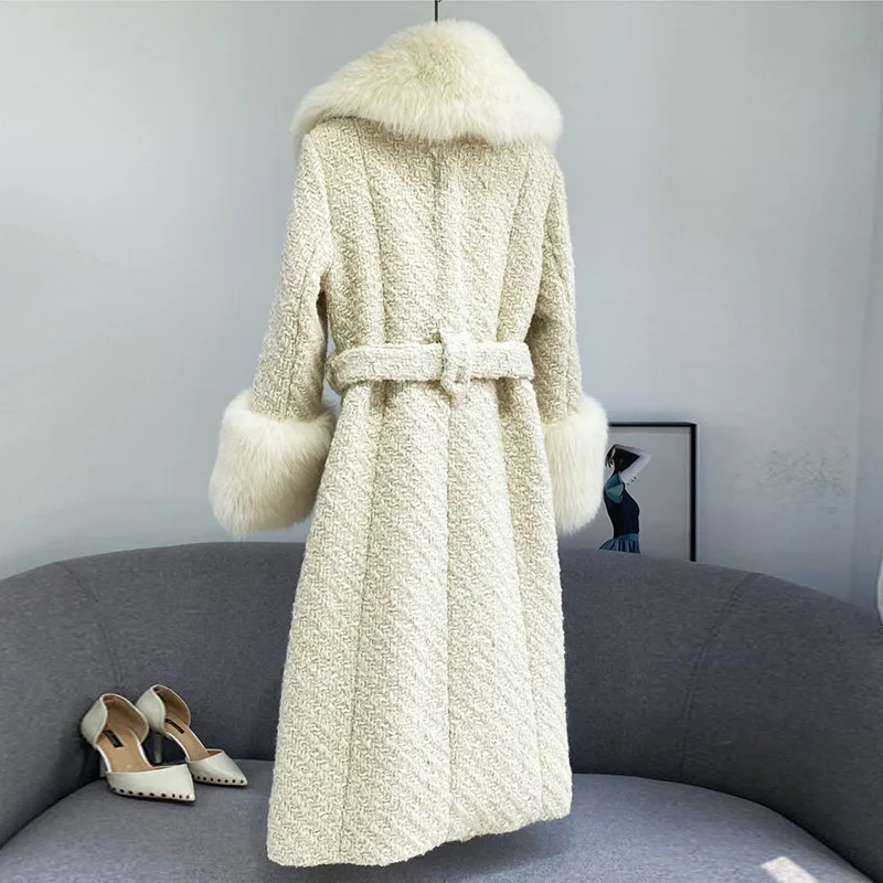 2022 Winter New Imported Fox Fur Collar Whole Fur Coat Women's Mid-Length Woolen Waist Thickening Temperament Coats Female