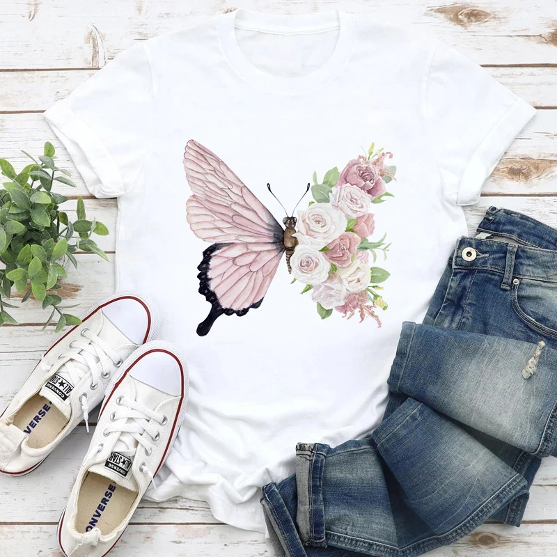 

T-shirts Women Floral Butterfly Cute Vintage Summer Clothing 90s Tshirt Top Lady Print Clothes Stylish Tee T-Shirt
