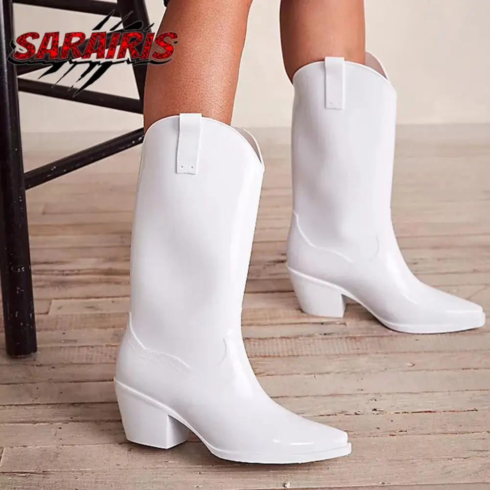 

SaraIris Cowboy Cowgirl Women Western Boots Chunky High Heels Platform Shoes Fashion Waterproof Comfy Mid Calf Shoes For Woman