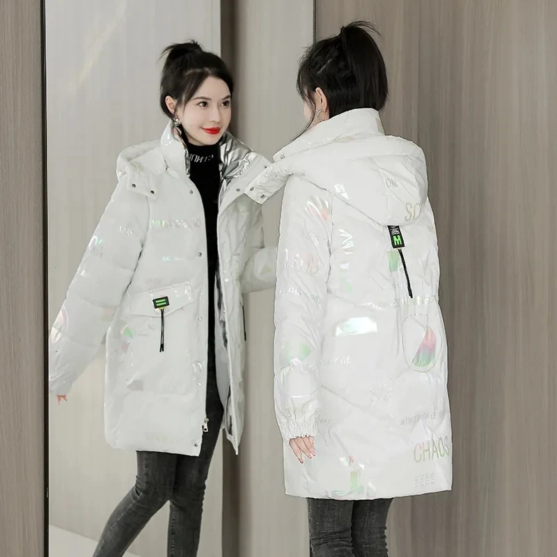 Down Cotton Coat Womens Bright Face Wash Free 2022 Winter New Korean Loose Padded Jacket Female Large Size Hooded Long Parkas