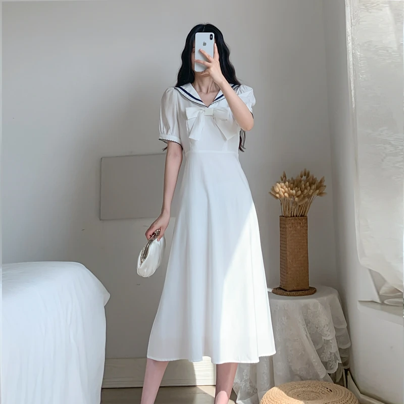 

Белое цельное платье в японском стиле с матросским воротником, летнее приталенное ТРАПЕЦИЕВИДНОЕ ПЛАТЬЕ с завышенной талией, однотонное праздвечерние чное платье с милым бантом в стиле преппи