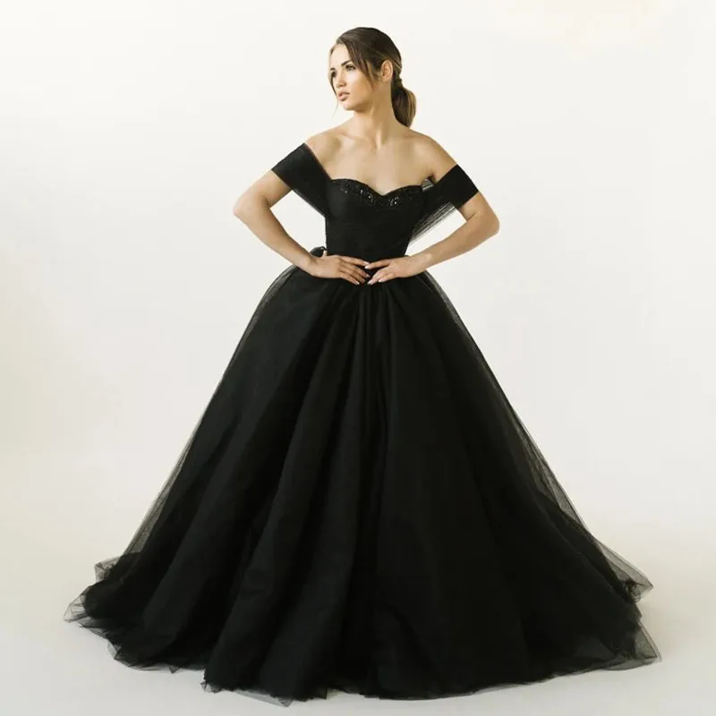 

Black Off The Shoulder Beaded Ball Grown Evening Dresses Tulle Formal Party Grown Prom Dresses Celebrate Dresses