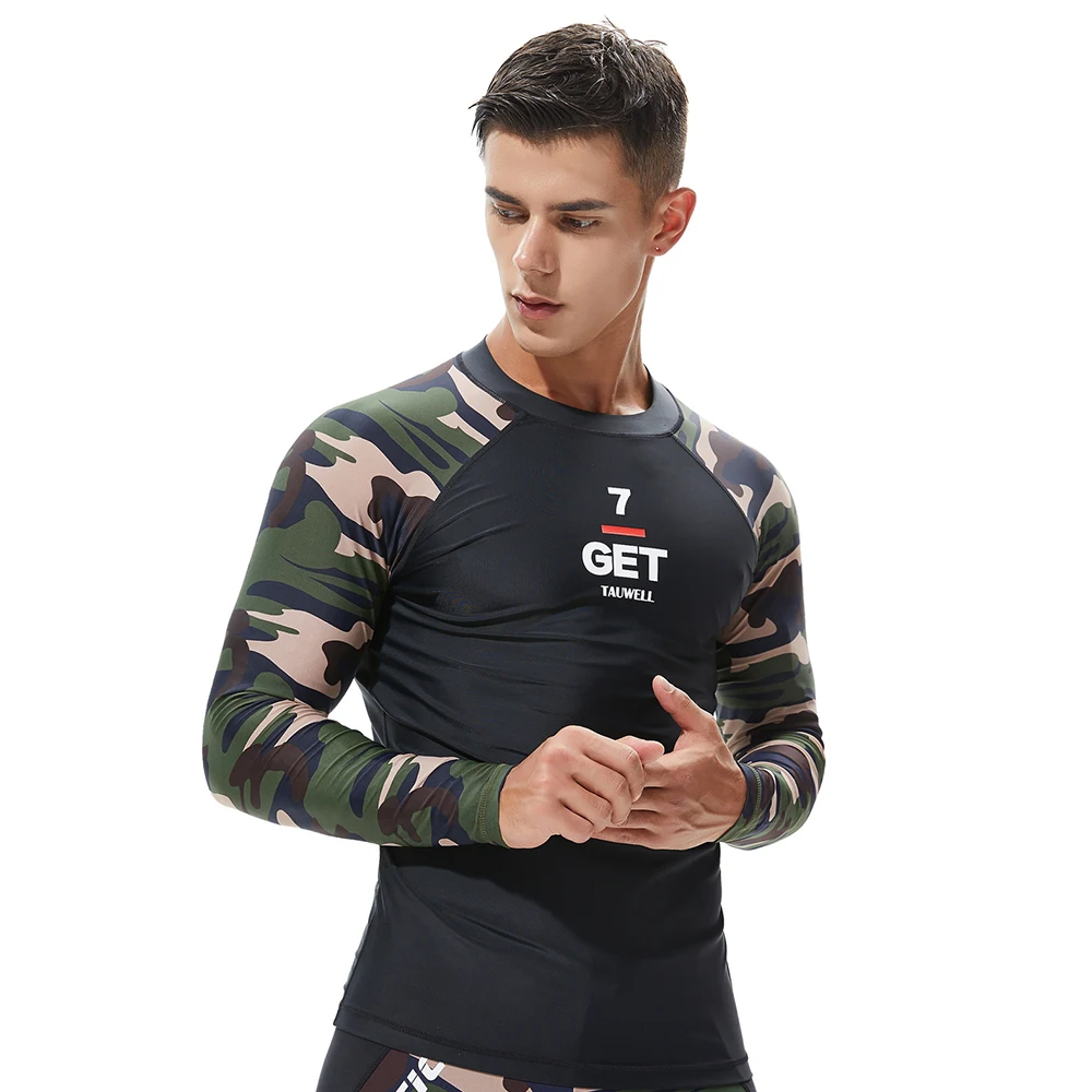 Fashion Men's Camouflage Stitching Long Sleeve Sun Protection Top Comfortable Stretch Water Sports Beach Quick Dry Swim Surf Top