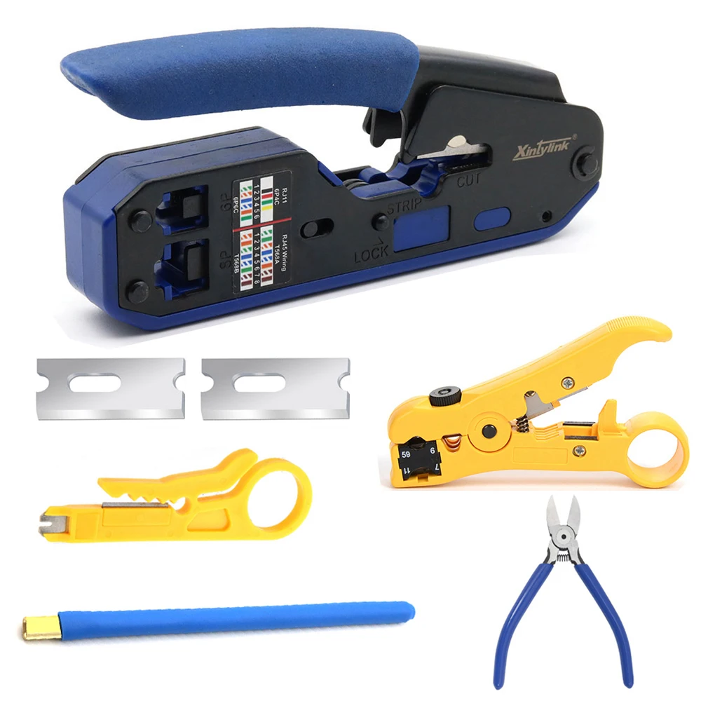 

xintylink RJ45 crimping tool pliers network crimper stripper cutter ethernet clip clamp tongs cut RG45 cat6 cat5e cat5 RJ11 RJ12