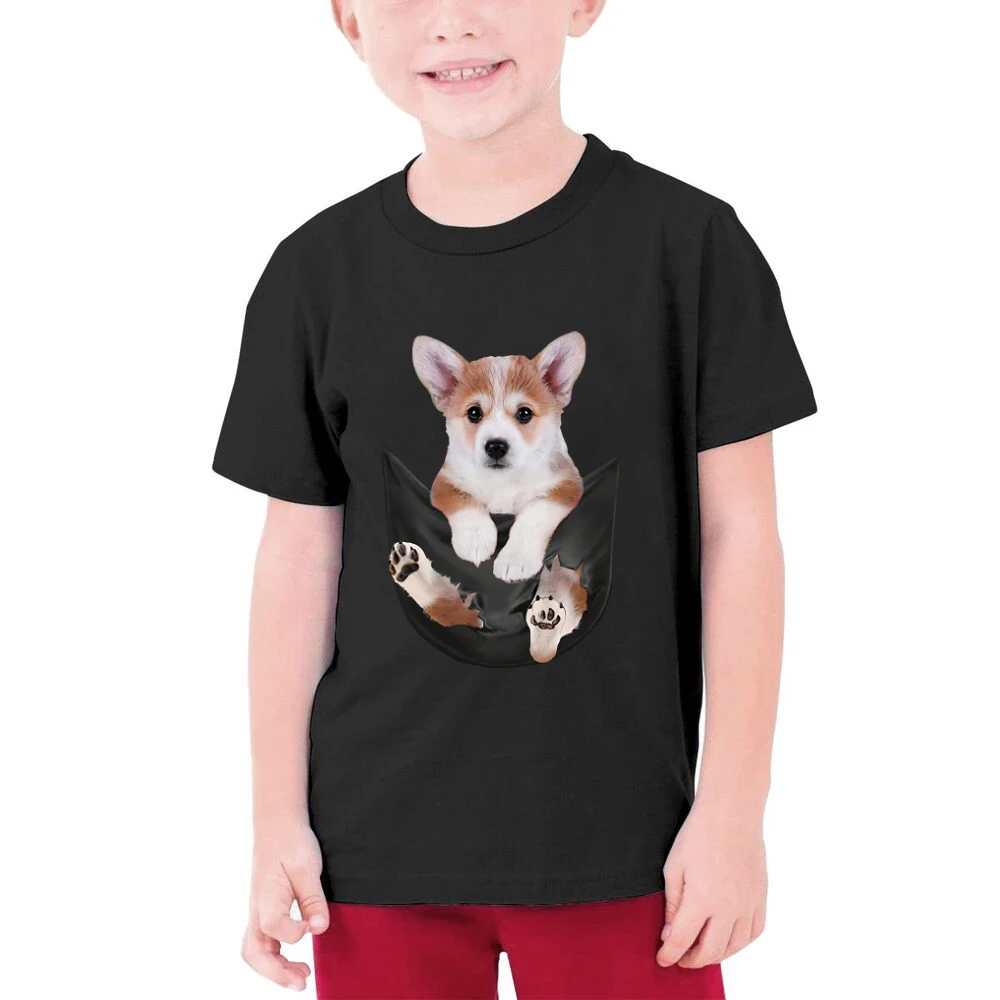 

CLOOCL Children's Cotton T-shirt Fashion Brand Pet Dog Corgi In Pocket Casual T Shirt Hip Hop black Cotton Tees Drop Shipping