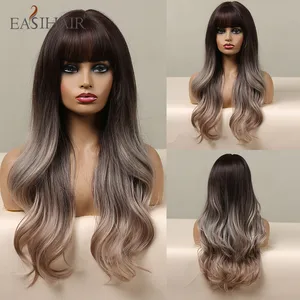 EASIHAIR Ombre Black Ash Brown Wavy Wigs with Bangs Heat Resistant Natural Long Synthetic Hair Wig for Women Daily Cosplay Party