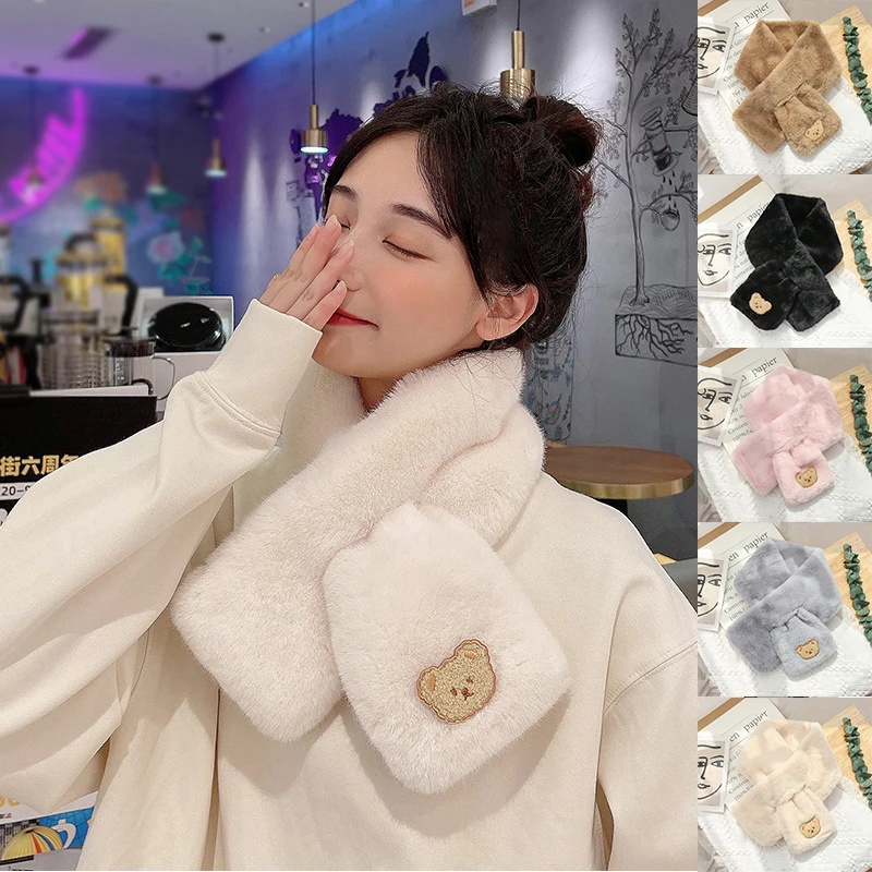 

Зимние теплые шарфы для женщин, мультяшная вышивка, медведь, утолщенный плюшевый шарф из искусственного кроличьего меха, воротник, шаль, шей...