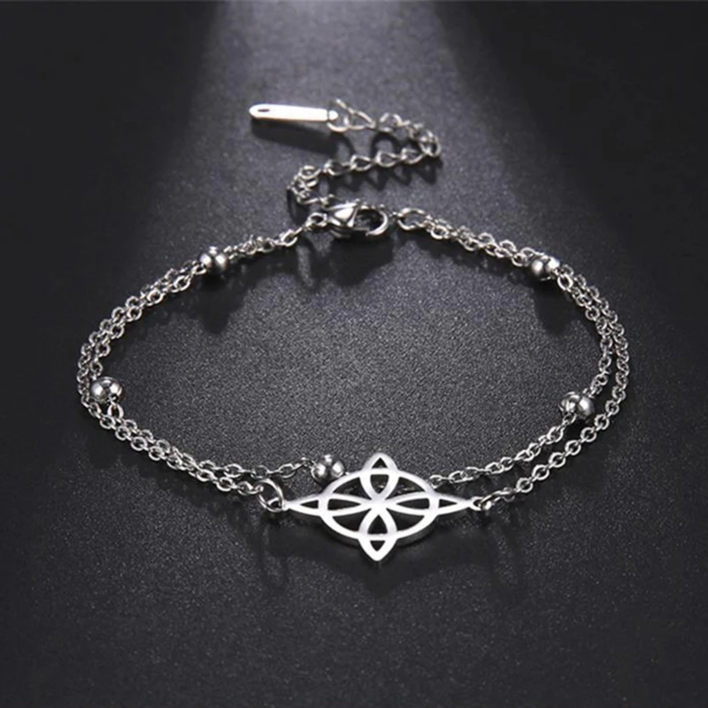 Wicca Witch's Knot Bracelet for Women Vintage Jesus Cross Hindu Om Yoga Bracelet Stainless Steel Double Layer Bead Chain Jewelry