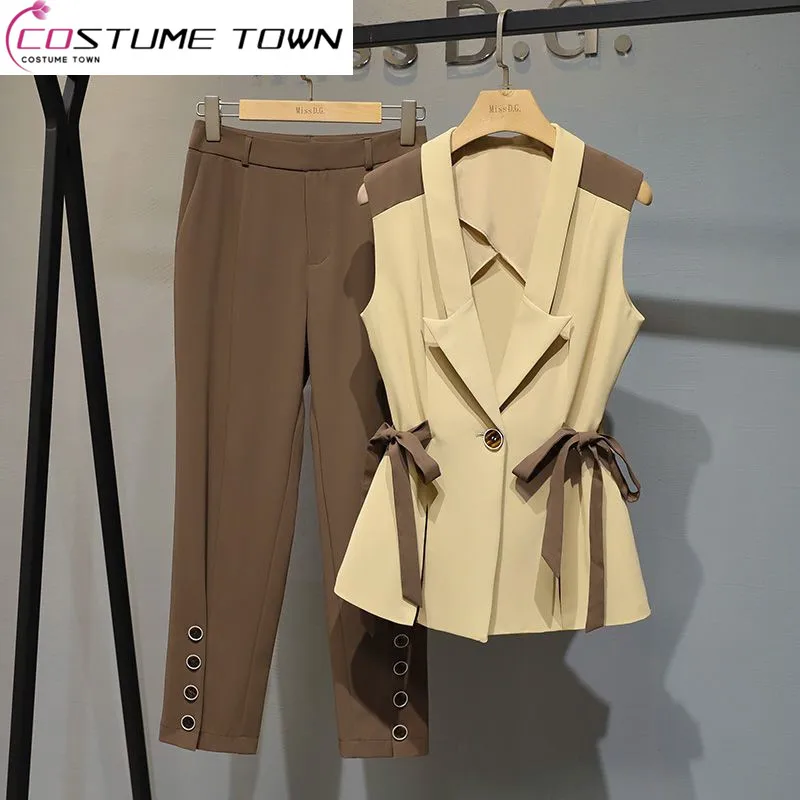 Large Women's 2023 Spring/Summer New Fashion Style Style Set Suit Collar Sleeveless Coat Slim Fit Capris Two Piece Set Fashion