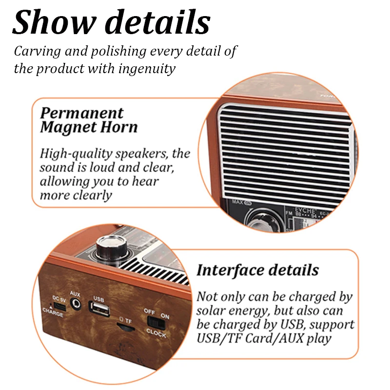 Портативный ретро радио FM/AM/SW1-6 приемник Bluetooth динамик Солнечный MP3 музыкальный