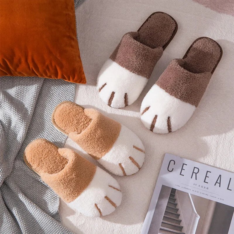 

Женские зимние домашние теплые меховые тапочки симпатичная кошачья лапа удобные плюшевые плоские сланцы для дома нескользящая подошва термообувь