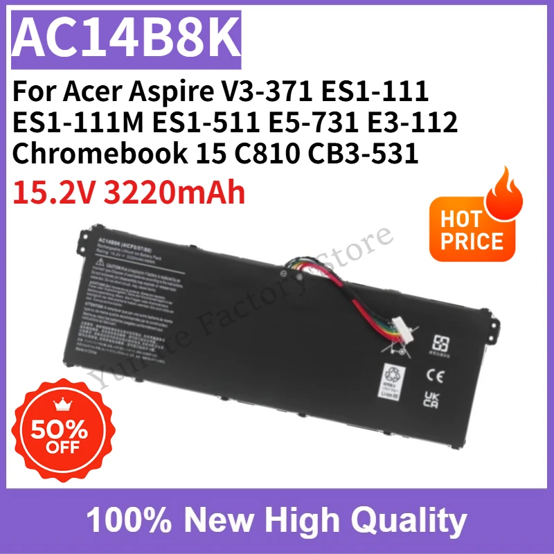 Фото Аккумулятор для ноутбука AC14B8K 15.2V 3220mAh для Acer Aspire V3-371 ES1-111 ES1-111M ES1-511 E5-731 E3-112 Chromebook 15 C810 CB3-531 №1