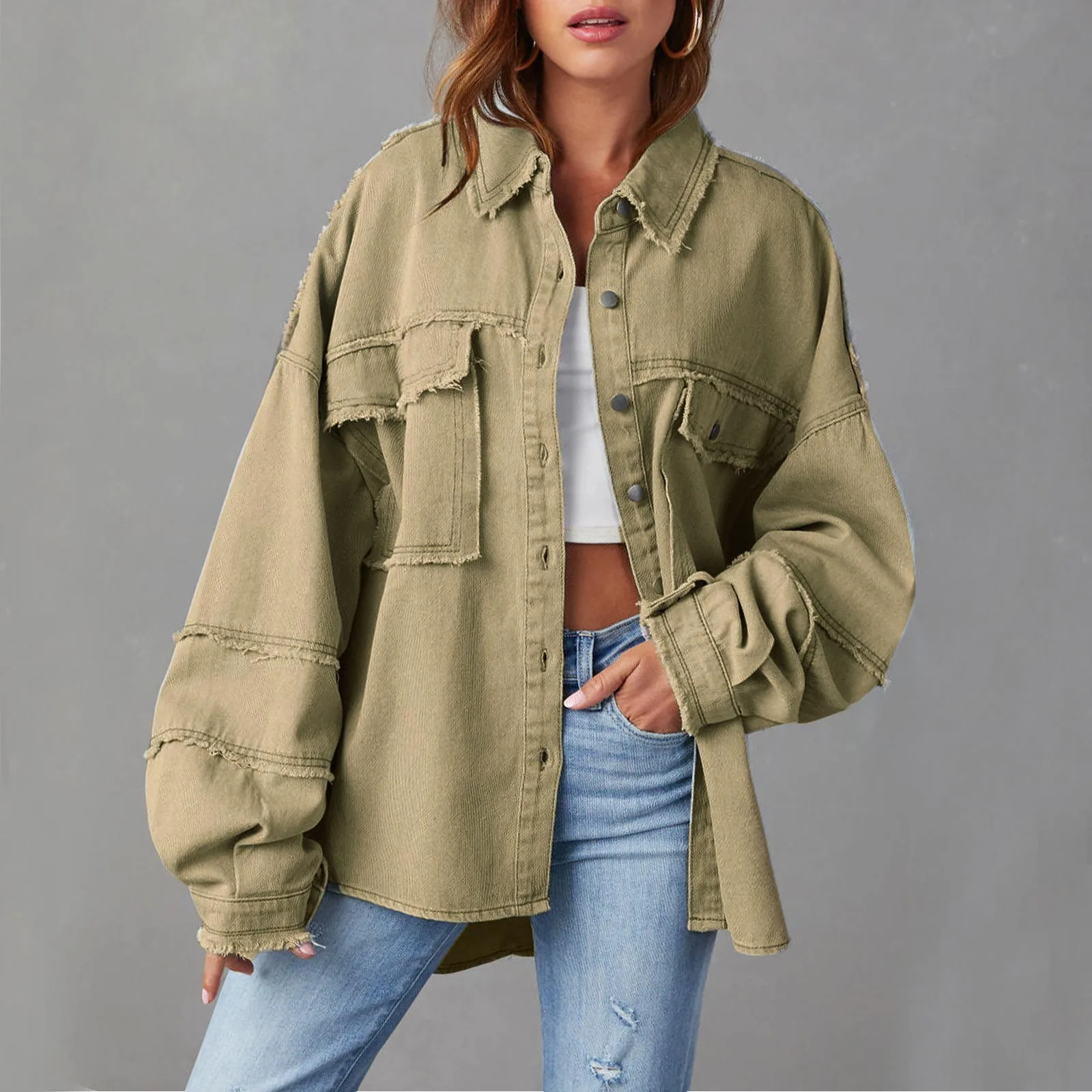 

New Edges Denim Jacket Women Spring Autumn Temperament Long Sleeve Big Pockets Casual Lapel Jackets