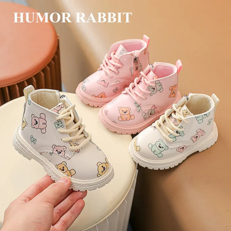 Autumn Winter 2022 New Korean Style Girls Ankle Boots Cartoon Bears Kids Fashion Thin Cotton Shoes Side Zipper Casual Boots