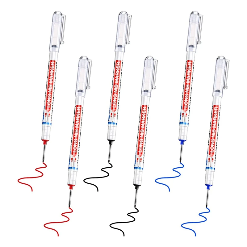 

NEW-6Pcs Long Head Deep Hole Marker Multifunction Long Nosed Marker Deep Drill Hole Carpenter Mark Waterproof Marker Pen