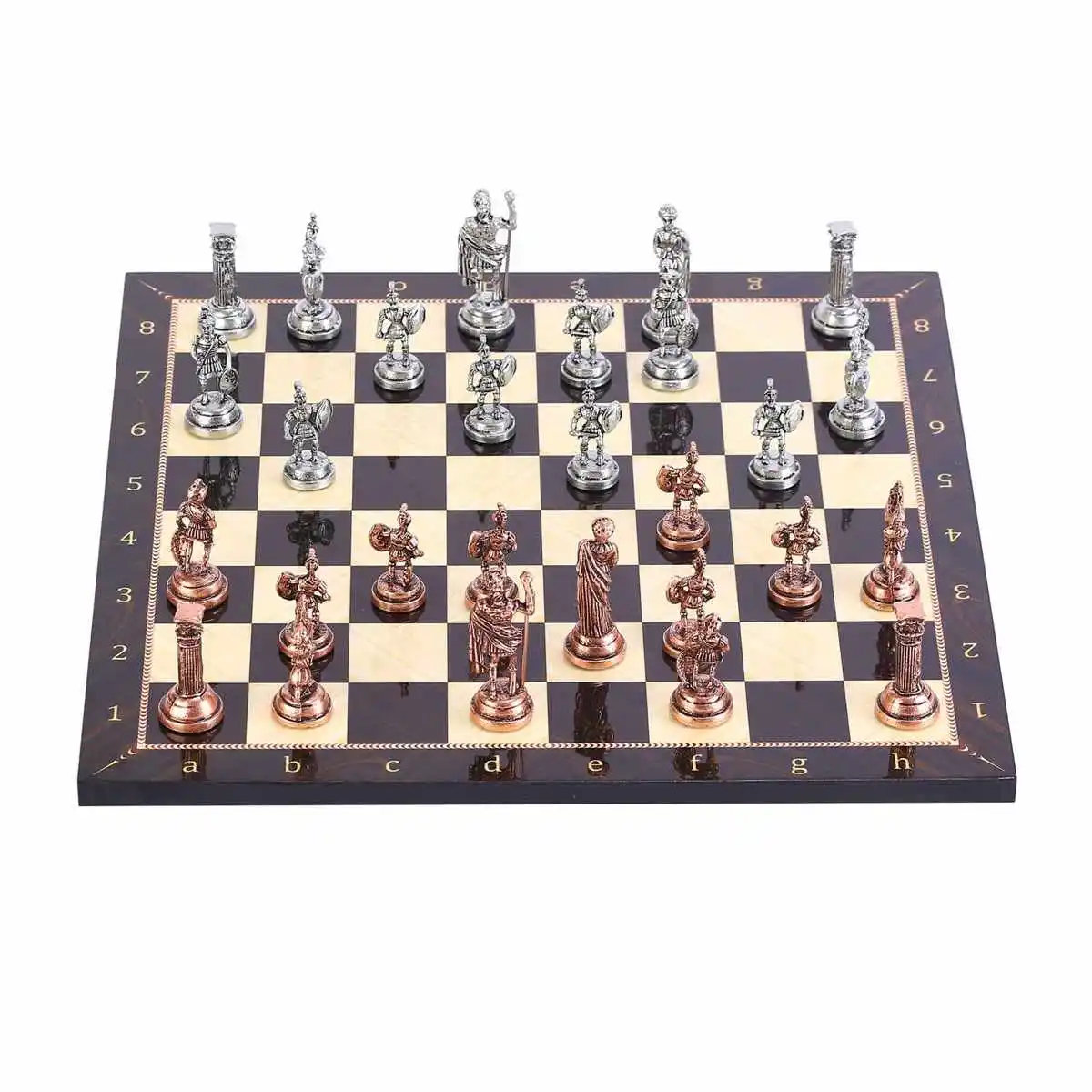 Antique Copper Rome Figures Metal Chess Set, Handmade Pieces, Handmade Pieces, Patterned Wood Chess Board Small Size King 4.8cm