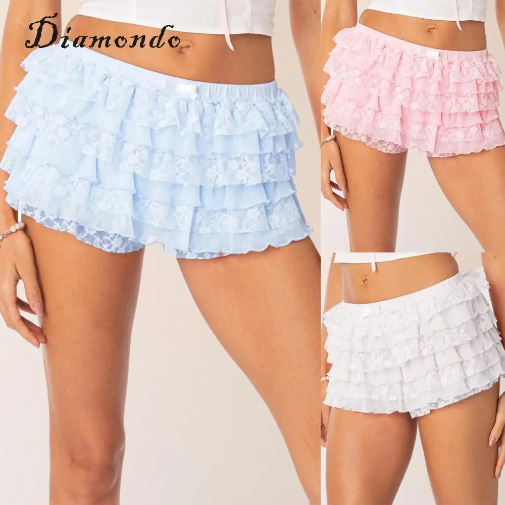 

Women Y2k Low Rise Skirt Asymmetrical Lace Layered Shorts Casual Tiered Short Skirt Elastic Waist Shorts Party Clubwear