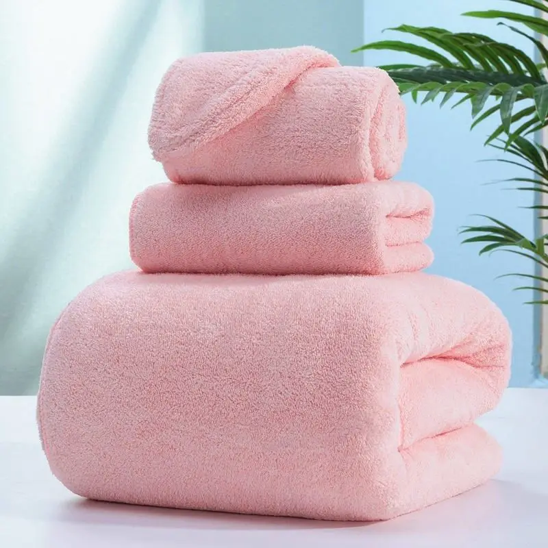 

Women Absorbent 3 in 1 Towel Quick Drying Shower Cap 3 pieces Bath Towel Set Soft Coraline Household Hair Towel Face Towel Gift
