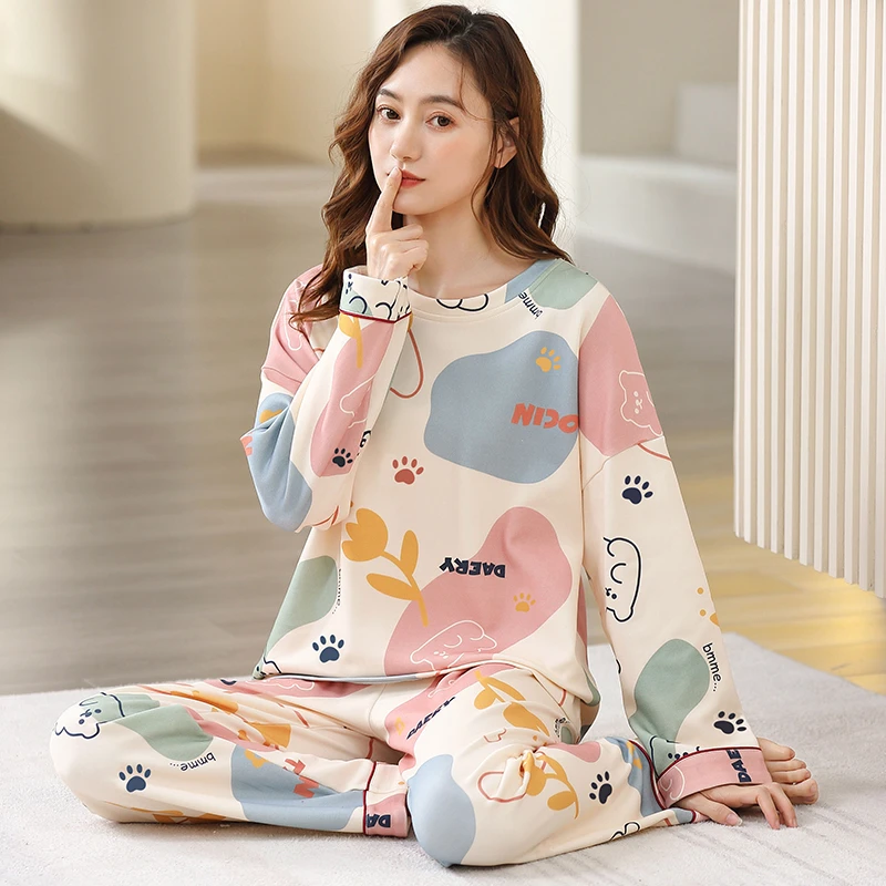 CAIYIER Big Size M-3XL Pajamas Set Cartoon Love Bear Cottoon Nightwear Long Sleeve Trousers Casual Underwear Set Soft Sleepwear
