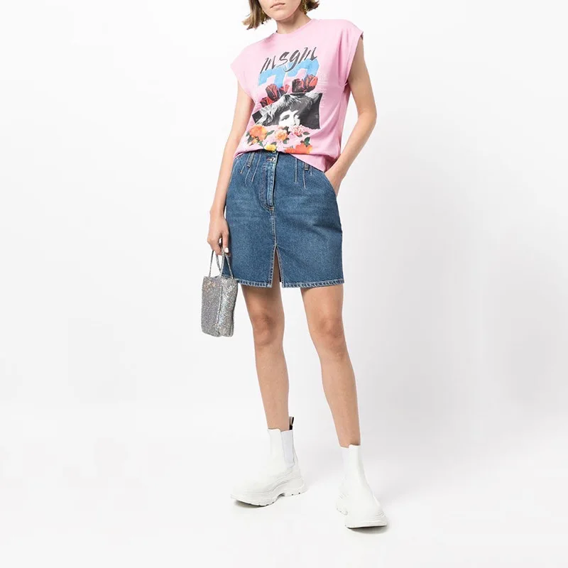 

Women's Denim Skirt 2022 Spring And Summer New Front Slit Elastic High Waist Washed Blue Straight Cotton Denim Skirt Women