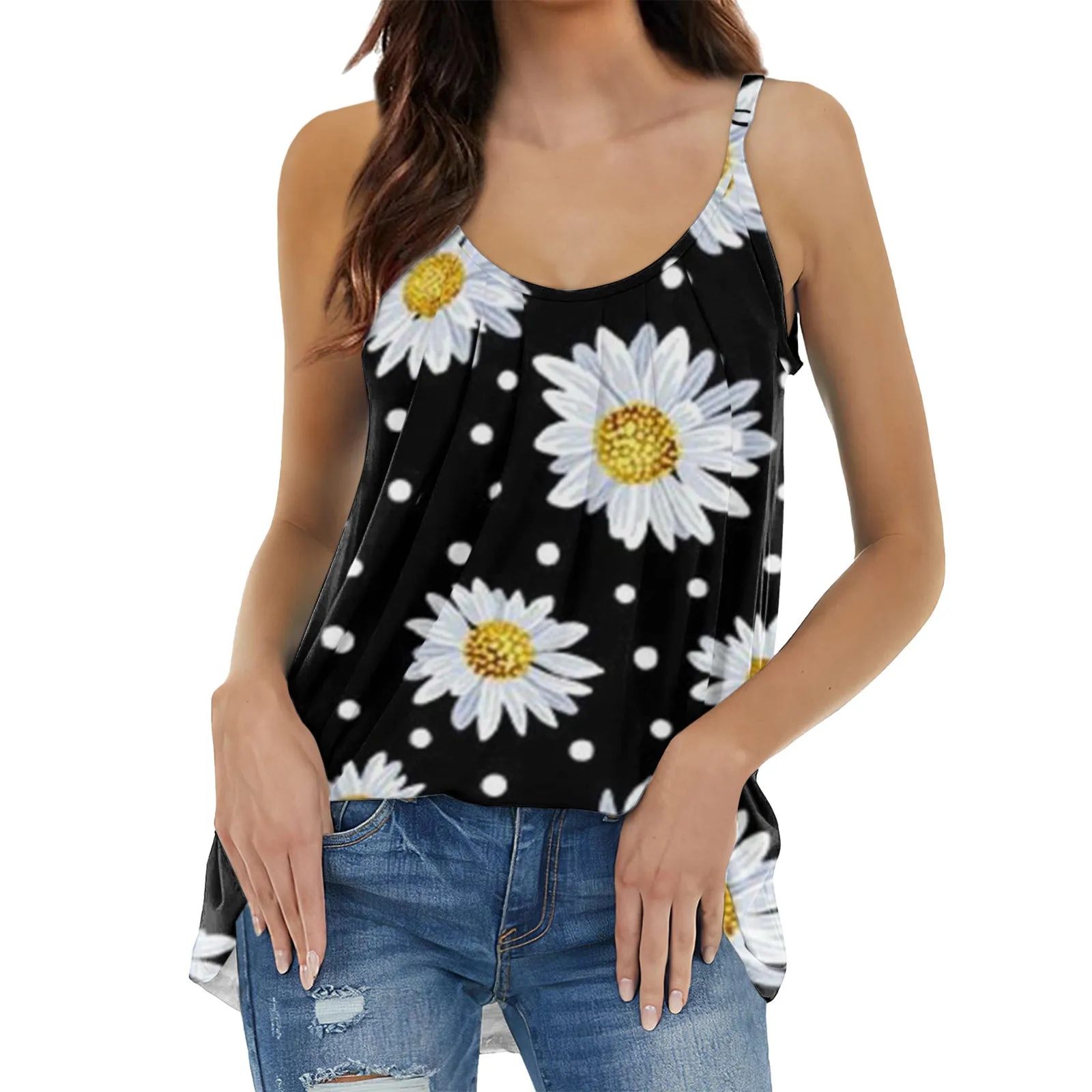 

Майка женская с цветочным принтом, плиссированная Свободная кофта на бретелях-спагетти, повседневный топ без рукавов для девушек, с открыты...