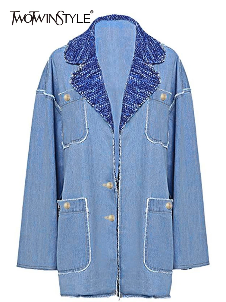 

Женский Повседневный свободный Джинсовый блейзер TWOTWINSTYLE, Роскошный Блейзер с длинным рукавом и отложным воротником, 2023
