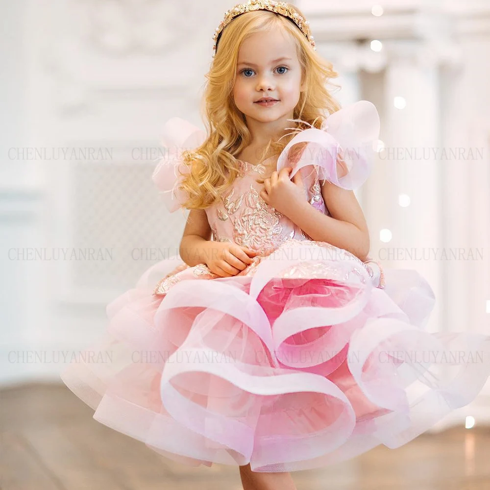 

Pink Applique Princess Dress Puffy Satin Girl Party Dresses Flower Girl Dresses 2023 A-Line Mini Baby Girl Dress First Communion