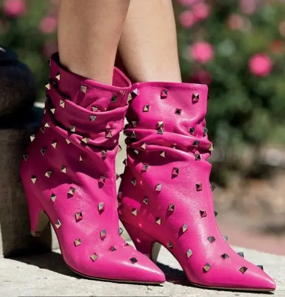 

Rockstud Fuchsia Pointed Toe Sexy Ankle Boots Women Leather Spike High Heel Knee High Boots Lady Luxury Dress Shoes Rivets