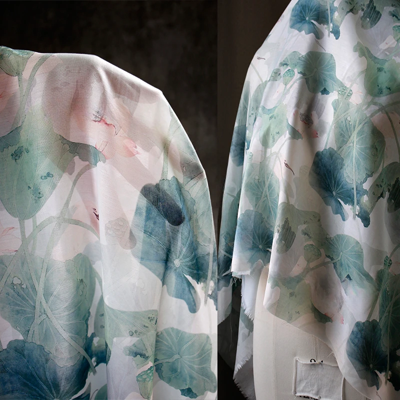 

Fabric Wide145cmx50cm Polyester Azure Plant Flower Printed Chiffon Breathable DIY Dress Cheongsam Spring and Summer Clothing 1Pc