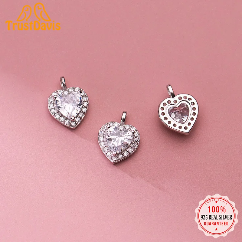 

TrustDavis Real 925 Sterling Silver Sweet Romantic Heart Shiny CZ Pendant Handmade DIY Necklace Accessories Fine Jewelry HY846