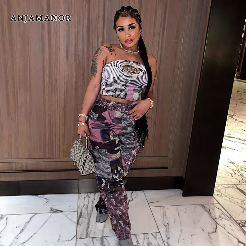 

ANJAMANOR Colorblock Camouflage Print Cargo Pants Y2k Streetwear Elastic Waist Baggy Pants Womens Fashion 2023 D85-EZ28