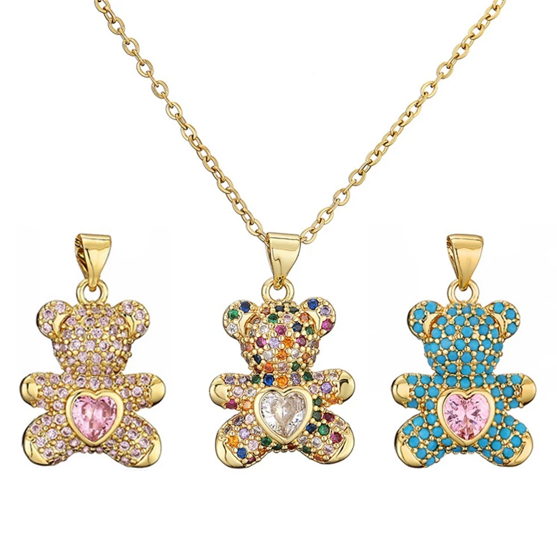 

Delicate Teddy Bear Pendant Necklace Luxury 18k Gold Plated Stainless Steel Chain Full CZ Zircon Bling Charm Jewelry For Women