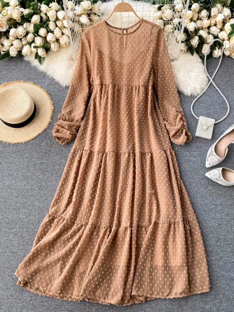 

Fitaylor New Spring Dot Print Long Dress Women Sweet O-neck Folds A-line Chiffon Dress Lady Casual High Waist Solid Color Dress