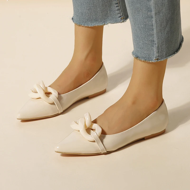 ZOOKERLIN Pointed Toe Patent Leather Women's Shoes Flats Shoes Fashion Chain Pumps Dress Shoes Slip On Simple Solid Color Ladies