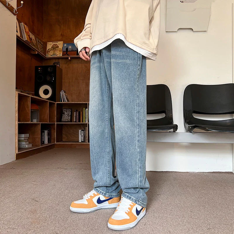Autumn Blue Baggy Jeans Men Fashion Casual Straight Jeans Streetwear Men Korean Style Loose Wide Legs Denim Pants Mens Trousers