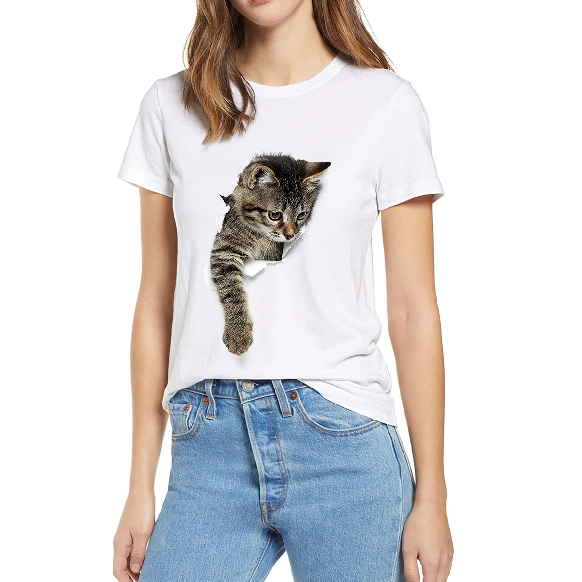 

100% Cotton Kawaii 3D Cat Print Simple Clothes Funny Summer Women Casual Novelty Oversized T-Shirt Unisex Loose Tops Tee EU Size